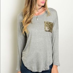 Gray & Gold Sequin Pocket Long Sleeve Tee